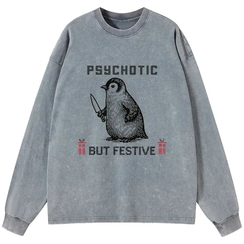 Kyoto-Lion Overstimulated but Festive Christmas Washed Long Sleeve T-Shirt