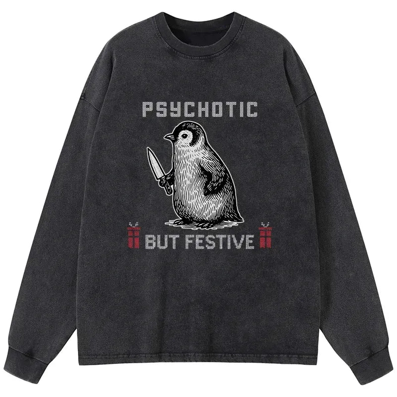 Kyoto-Lion Overstimulated but Festive Christmas Washed Long Sleeve T-Shirt