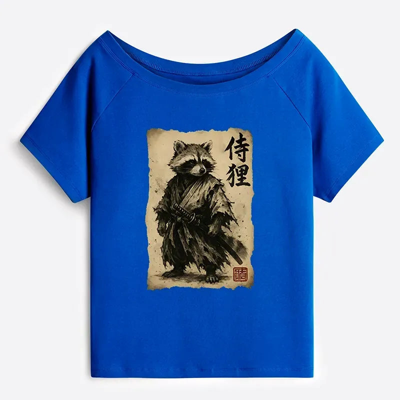 Kyoto-Lion Retro Raccoon Samurai Off Shoulder T-Shirt