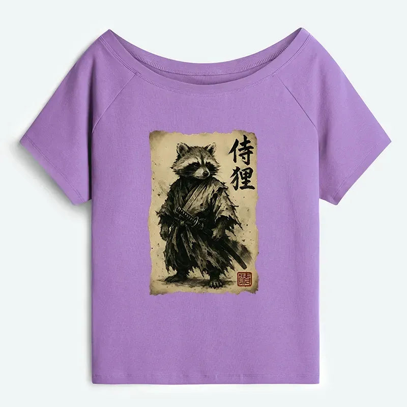 Kyoto-Lion Retro Raccoon Samurai Off Shoulder T-Shirt