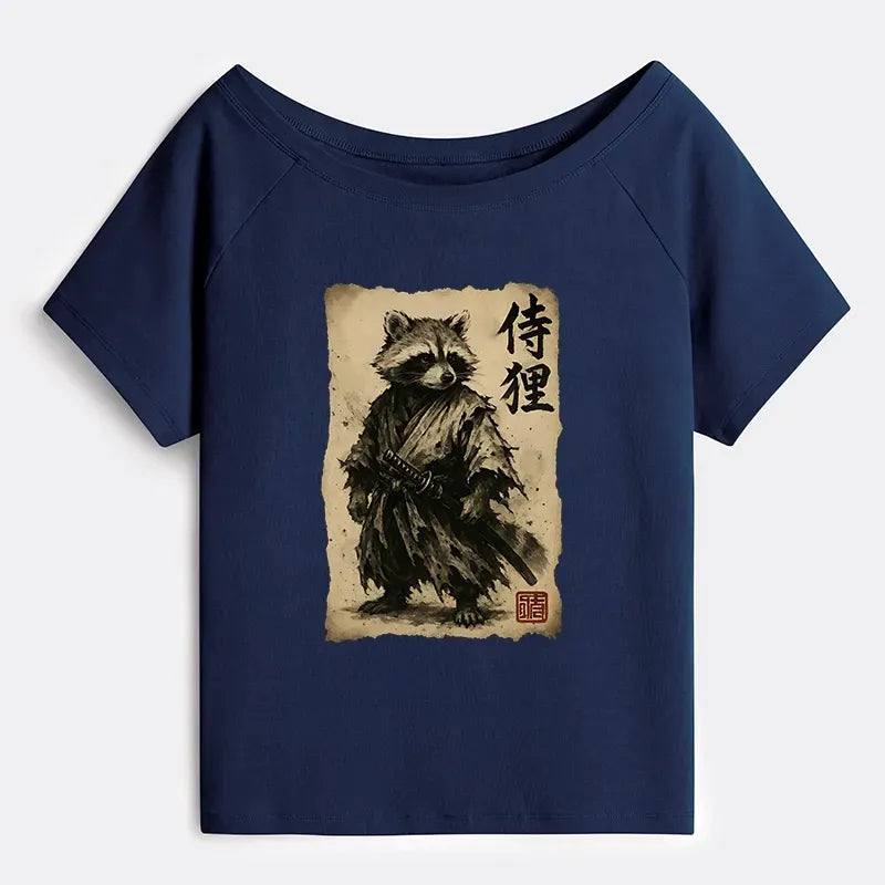 Kyoto-Lion Retro Raccoon Samurai Off Shoulder T-Shirt