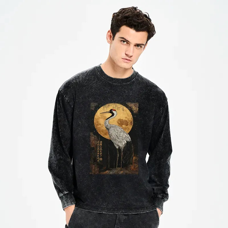 Kyoto-Lion Vintage Japanese Crane Kanji Washed Long Sleeve T-Shirt