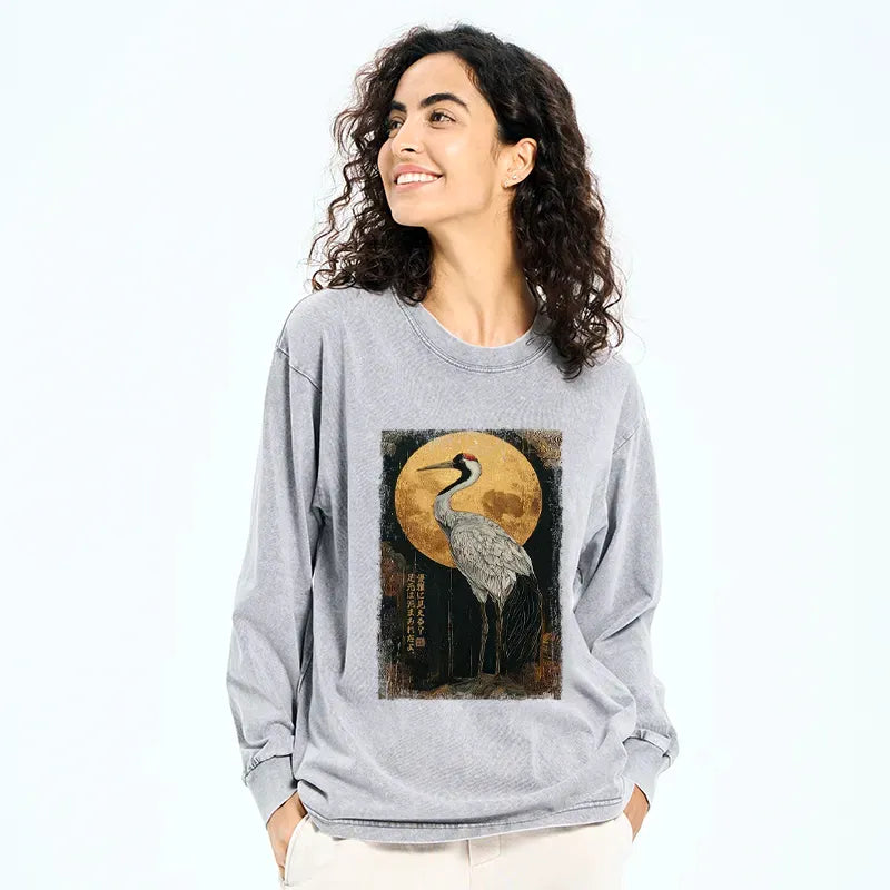 Kyoto-Lion Vintage Japanese Crane Kanji Washed Long Sleeve T-Shirt
