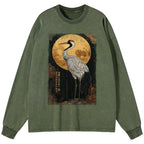 Kyoto-Lion Vintage Japanese Crane Kanji Washed Long Sleeve T-Shirt