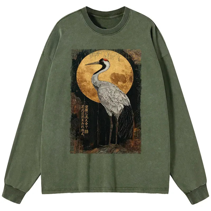 Kyoto-Lion Vintage Japanese Crane Kanji Washed Long Sleeve T-Shirt