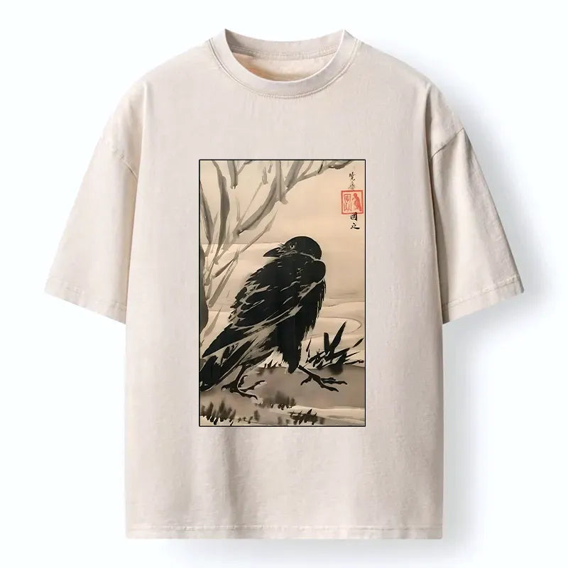 Kyoto-Lion Ink Wash Crow Oriental Nature Art Washed T-Shirt