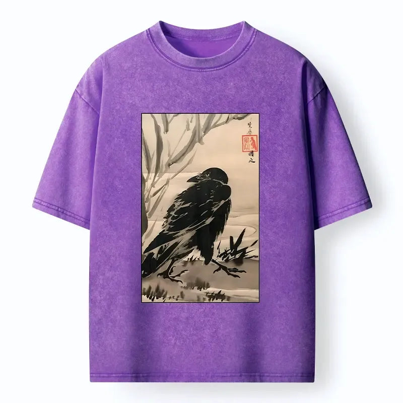 Kyoto-Lion Ink Wash Crow Oriental Nature Art Washed T-Shirt
