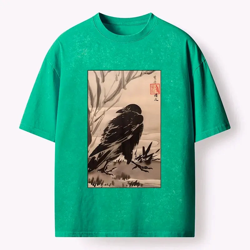 Kyoto-Lion Ink Wash Crow Oriental Nature Art Washed T-Shirt