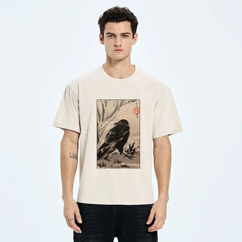 Kyoto-Lion Ink Wash Crow Oriental Nature Art Washed T-Shirt
