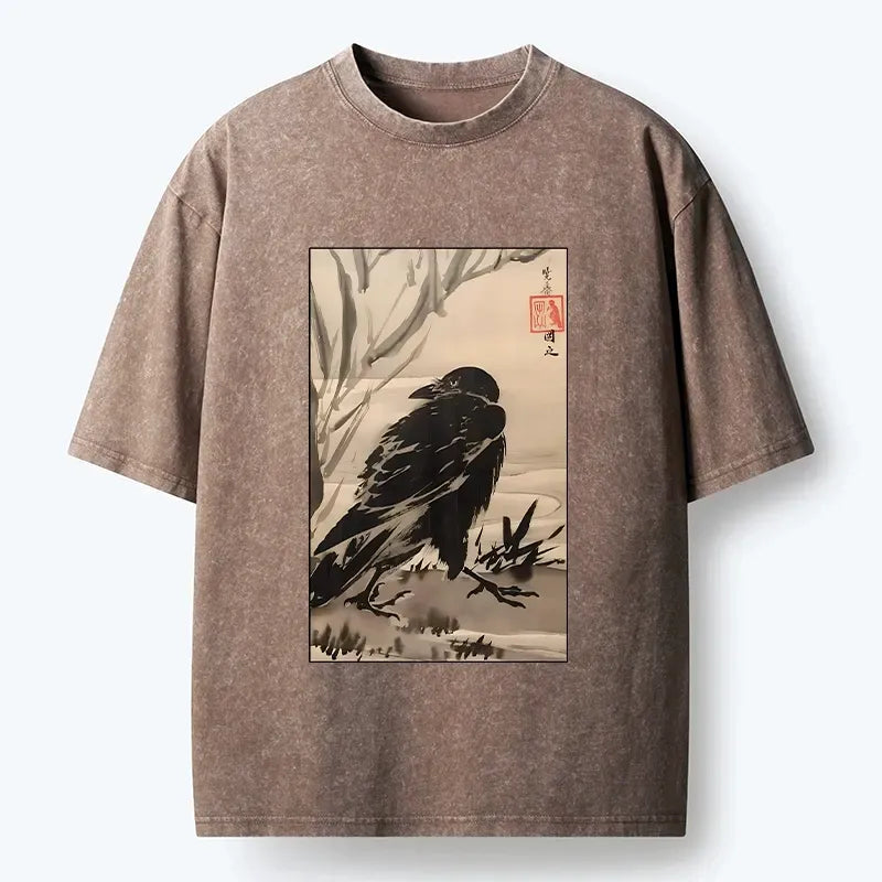 Kyoto-Lion Ink Wash Crow Oriental Nature Art Washed T-Shirt