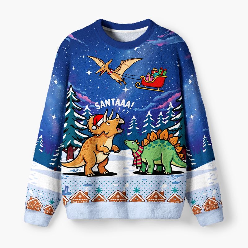 Kyoto-Lion Cute Dino Christmas Fuzzy Christmas Ugly Sweatshirt
