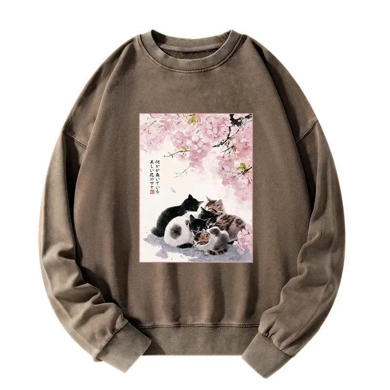 Kyoto-Lion Cute Cats Sakura Garden Washed Sweatshirt