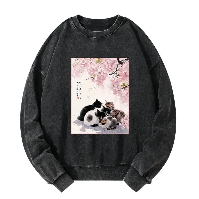 Kyoto-Lion Cute Cats Sakura Garden Washed Sweatshirt