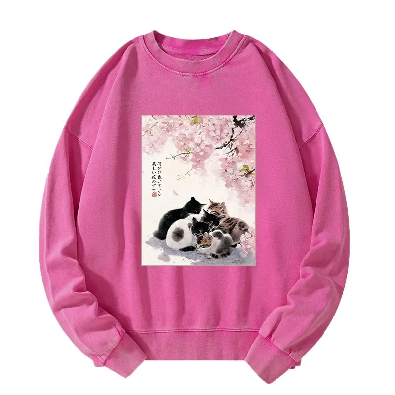 Kyoto-Lion Cute Cats Sakura Garden Washed Sweatshirt