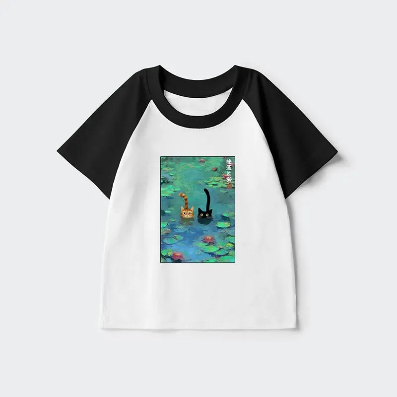 Kyoto-Lion Funny Cats Swimming In Lilies Kids Raglan T-shirt