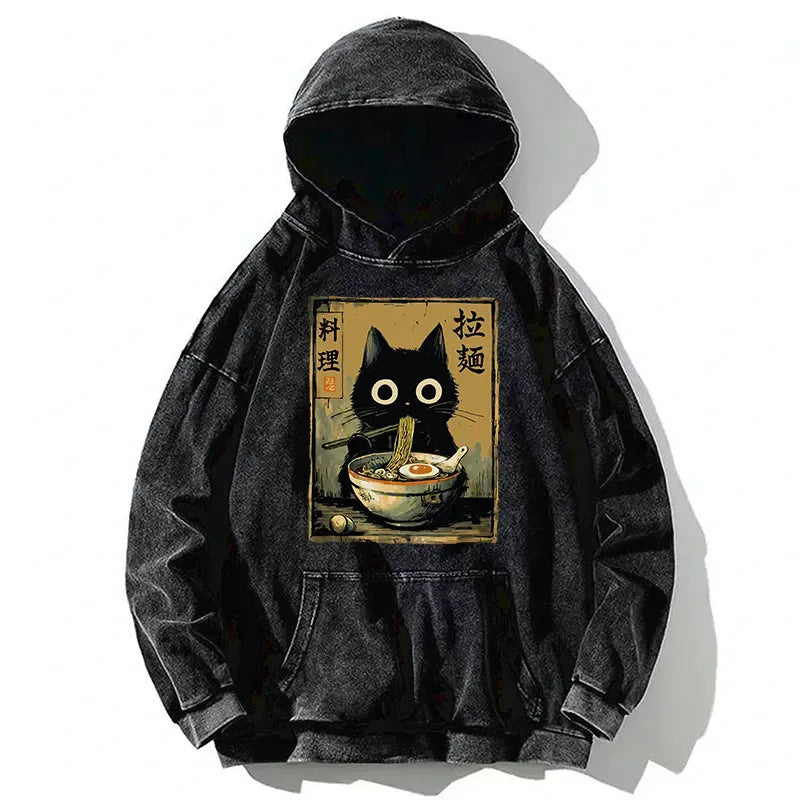 Kyoto-Lion Cute Black Cat Eating Ramen Japan Washed Hoodie
