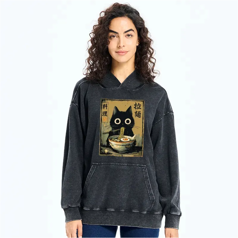 Kyoto-Lion Cute Black Cat Eating Ramen Japan Washed Hoodie
