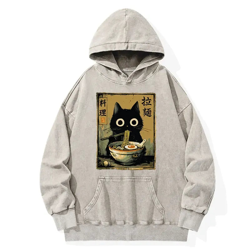 Washed Vintage Japanese Cat Hoodie for Streetwear