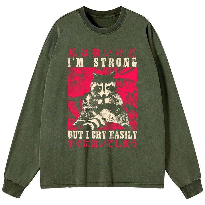 Kyoto-Lion I Am Strong Raccoon Washed Long Sleeve T-Shirt
