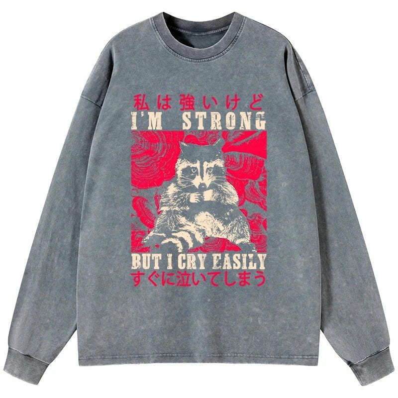 Kyoto-Lion I Am Strong Raccoon Washed Long Sleeve T-Shirt