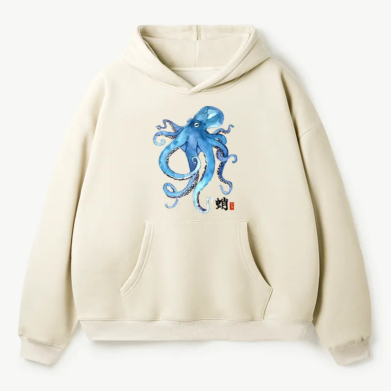 Kyoto-Lion Watercolor Blue Octopus Adult Fleece Hoodie