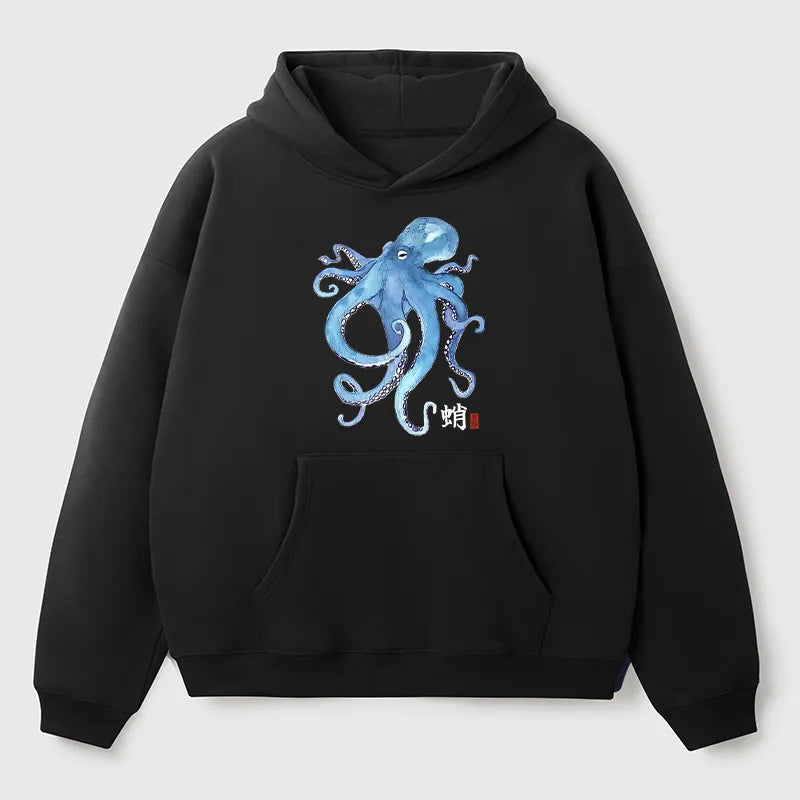 Kyoto-Lion Watercolor Blue Octopus Adult Fleece Hoodie