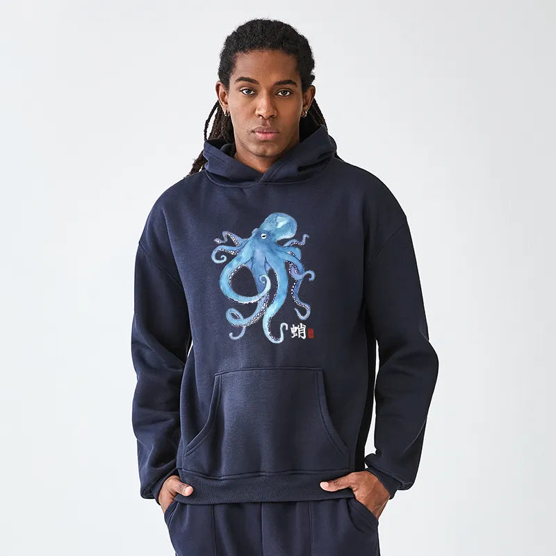 Kyoto-Lion Watercolor Blue Octopus Adult Fleece Hoodie