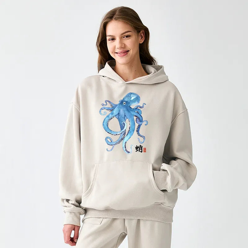 Kyoto-Lion Watercolor Blue Octopus Adult Fleece Hoodie