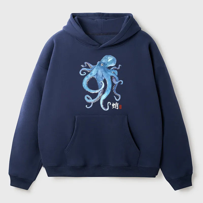 Kyoto-Lion Watercolor Blue Octopus Adult Fleece Hoodie