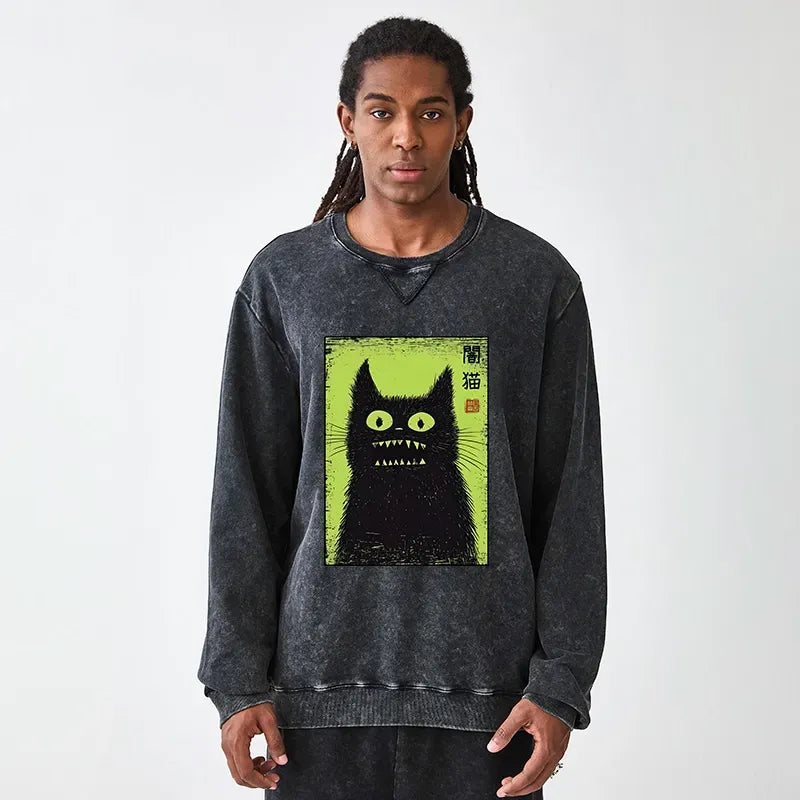 Kyoto-Lion Spooky Black Cat Japanese Washed Terry Sweatshirt