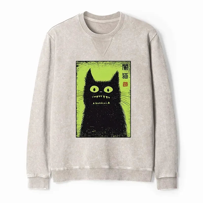 Kyoto-Lion Spooky Black Cat Japanese Washed Terry Sweatshirt