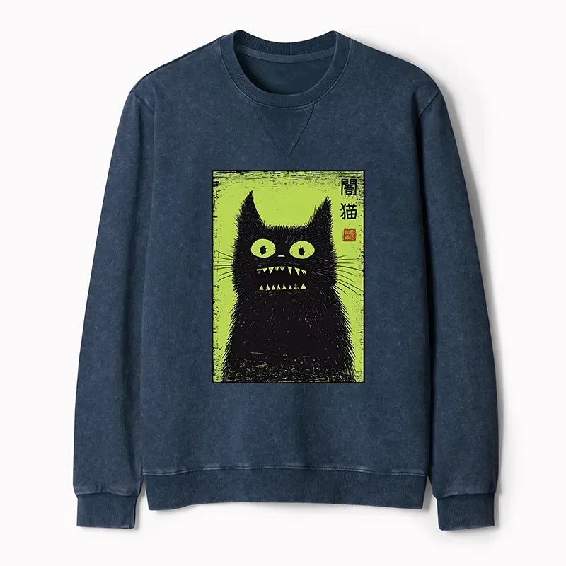 Kyoto-Lion Spooky Black Cat Japanese Washed Terry Sweatshirt