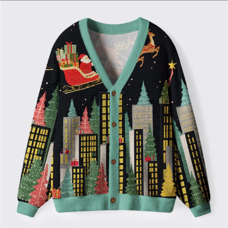 Kyoto-Lion Santa¡¯s Midnight Flight Ugly Cardigan Sweater