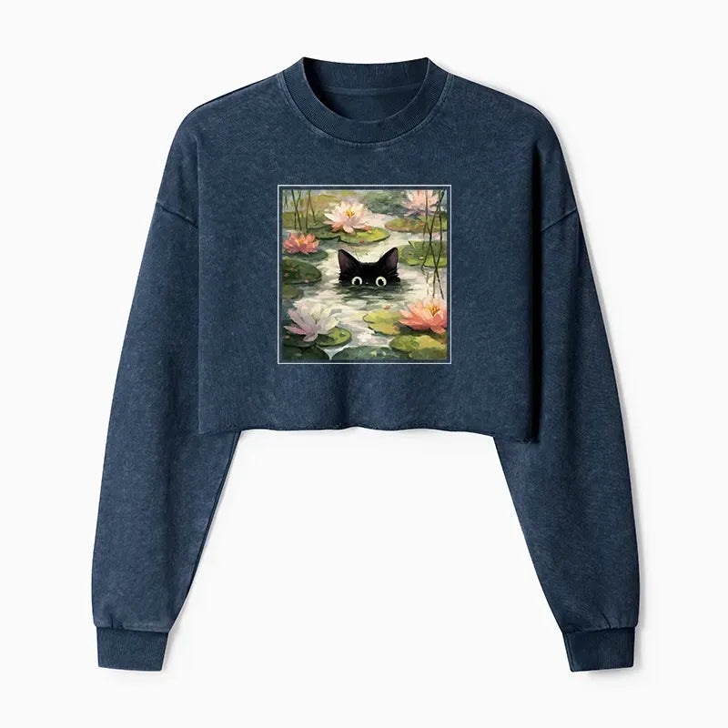 Japanese Black Cat Crop Sweatshirt for Women
