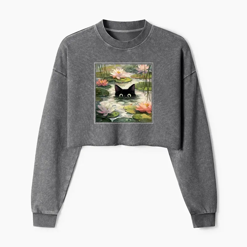 Kyoto-Lion Black Cat and Lotus Flower Washed Crop Sweatshirt