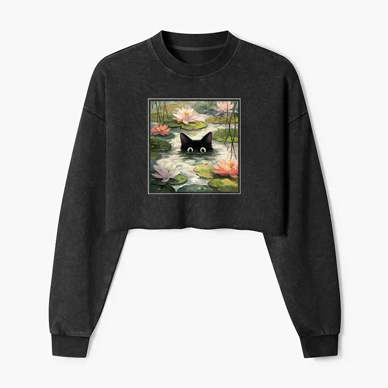 Japanese Black Cat Crop Sweatshirt for Women