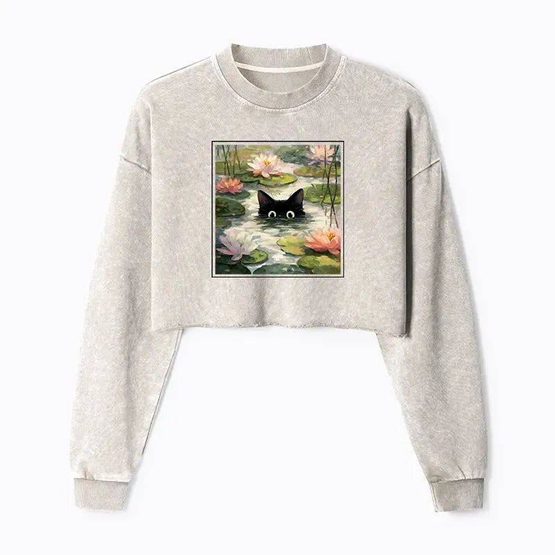Kyoto-Lion Black Cat and Lotus Flower Washed Crop Sweatshirt