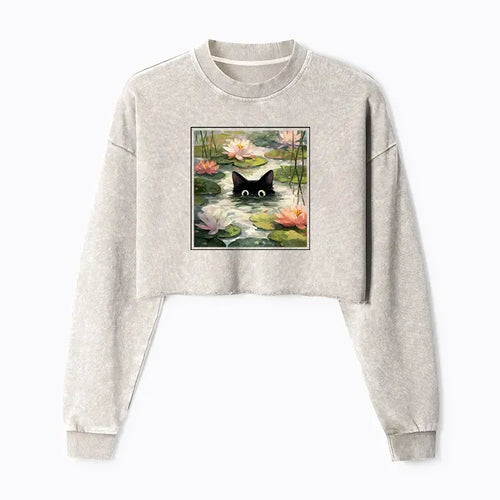 Kyoto-Lion Black Cat and Lotus Flower Washed Crop Sweatshirt