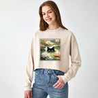 Japanese Black Cat Crop Sweatshirt for Women