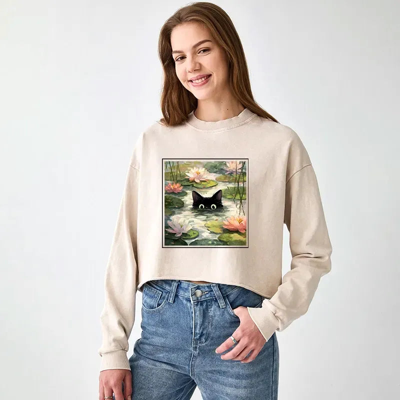 Japanese Black Cat Crop Sweatshirt for Women
