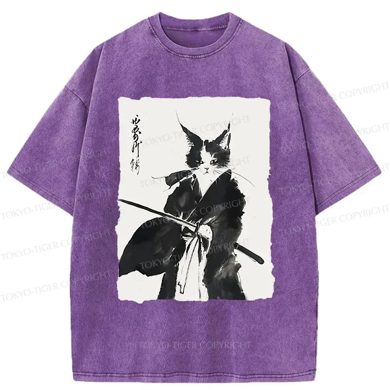 Kyoto Warrior Cat Washed Tee for Streetwear