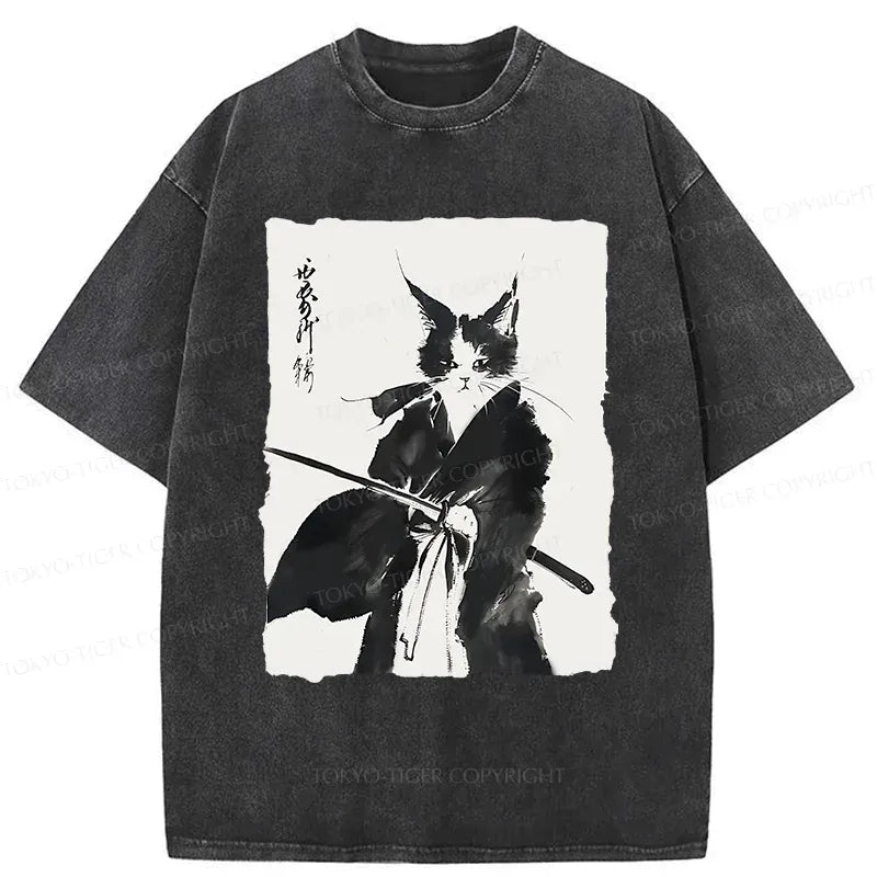 Kyoto-Lion Retro Warrior Cat Washed T-Shirt