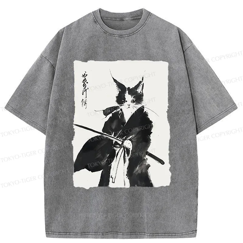 Kyoto Warrior Cat Washed Tee for Streetwear