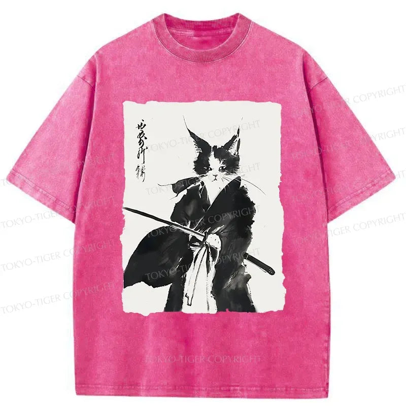 Kyoto Warrior Cat Washed Tee for Streetwear