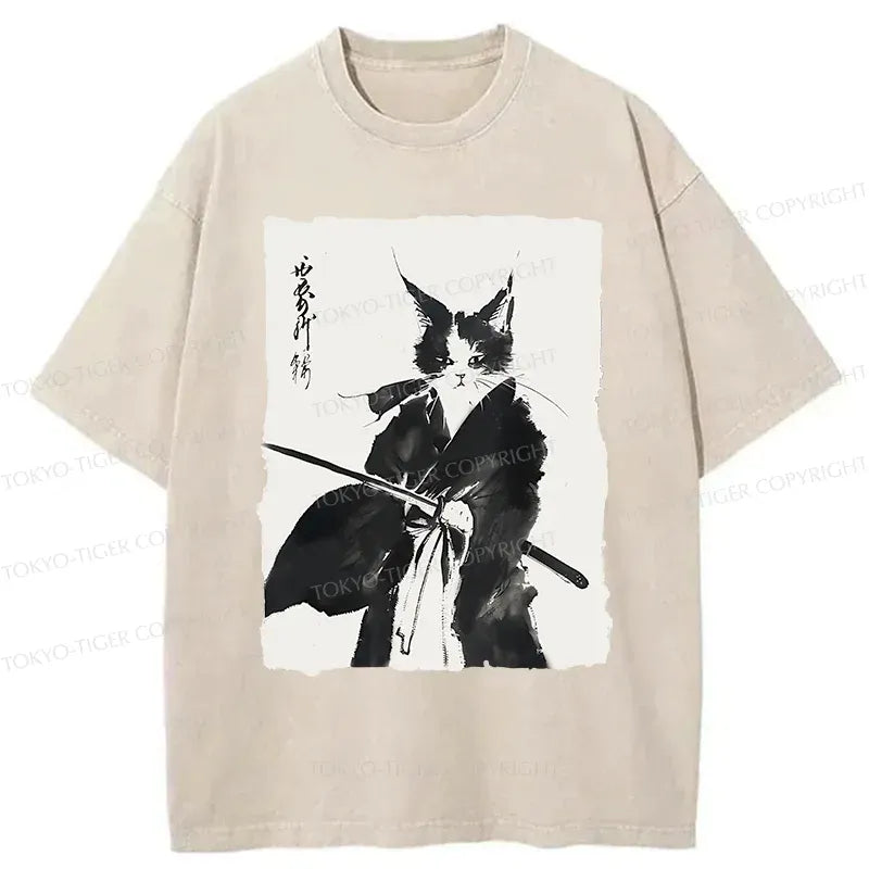 Kyoto Warrior Cat Washed Tee for Streetwear