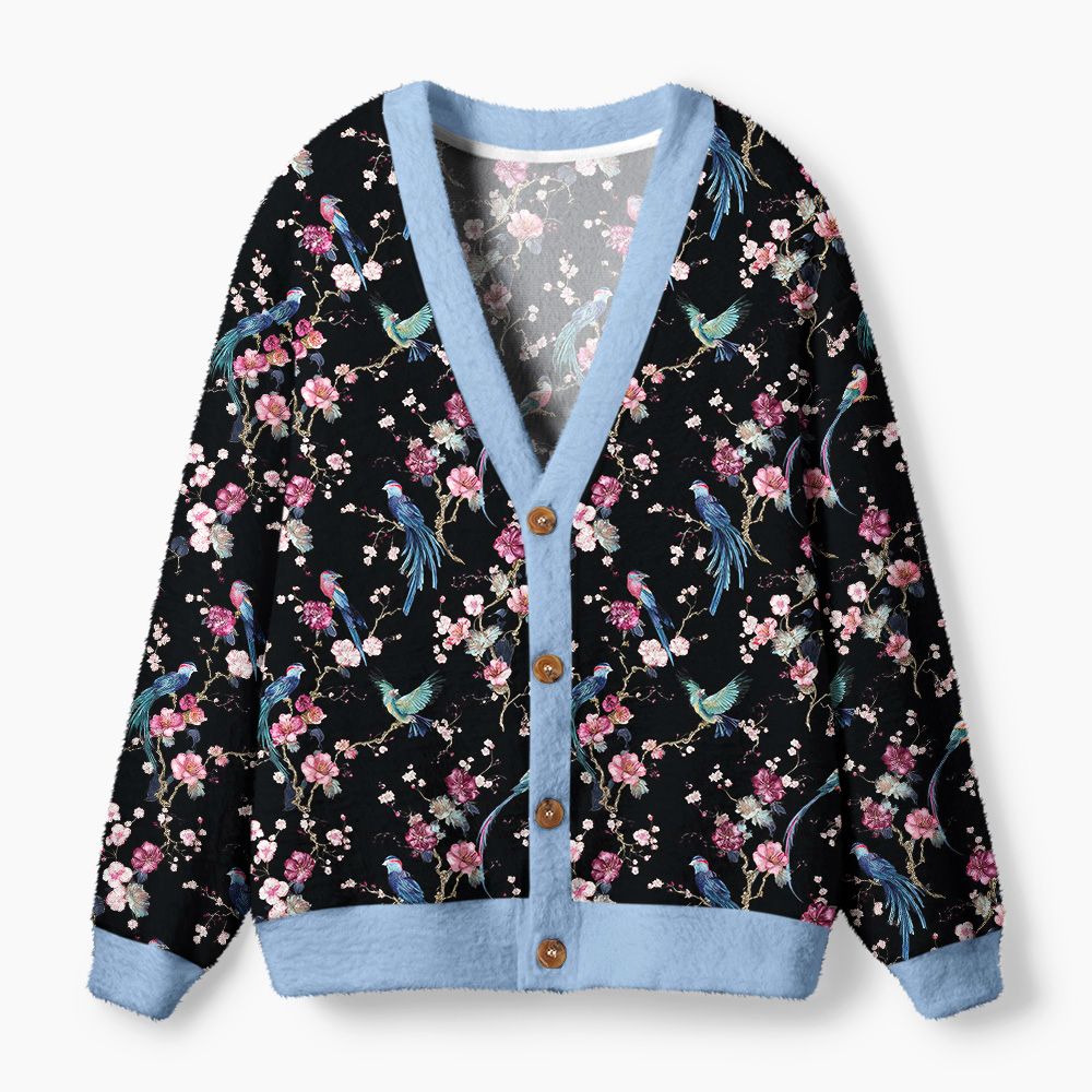 Kyoto-Lion Birds and Blooms Ugly Cardigan Sweater