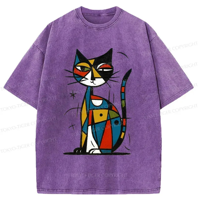 Kyoto-Lion Abstract Japanese Cat Washed T-Shirt