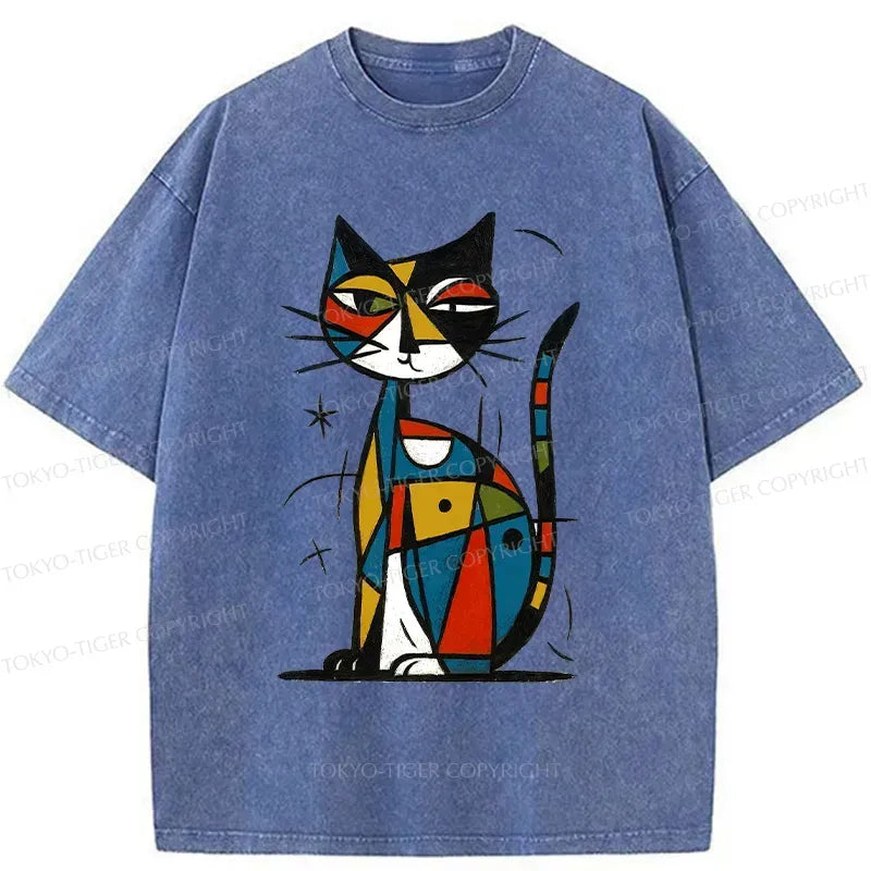 Kyoto-Lion Abstract Japanese Cat Washed T-Shirt