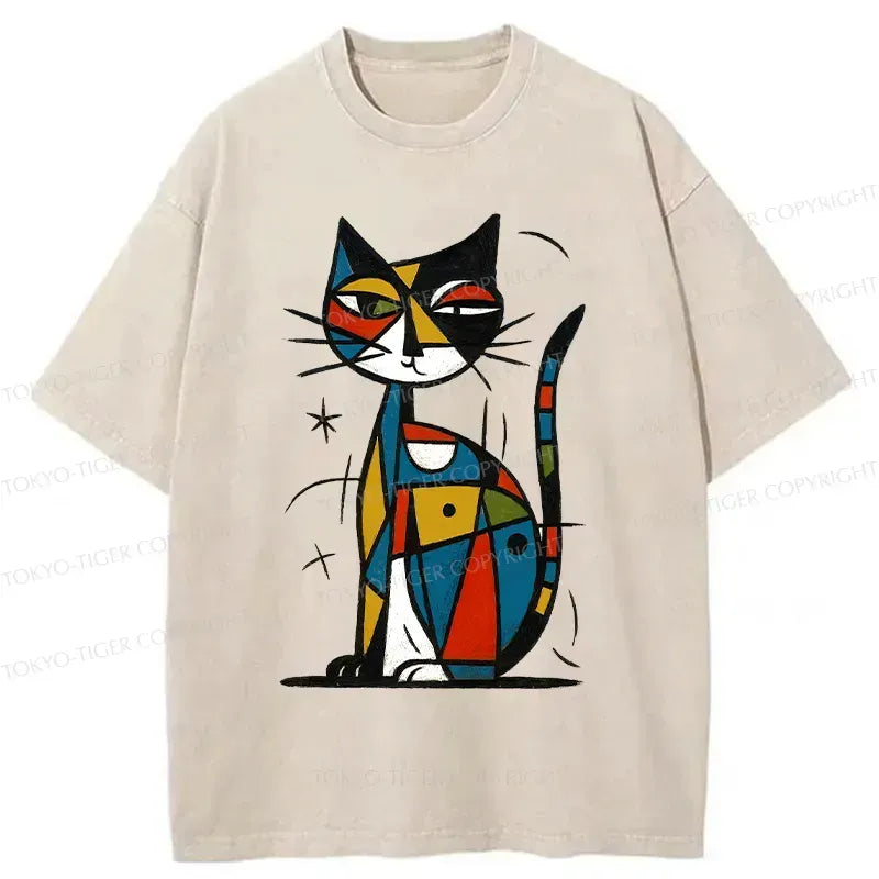 Kyoto-Lion Abstract Japanese Cat Washed T-Shirt