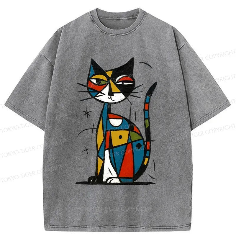 Kyoto-Lion Abstract Japanese Cat Washed T-Shirt